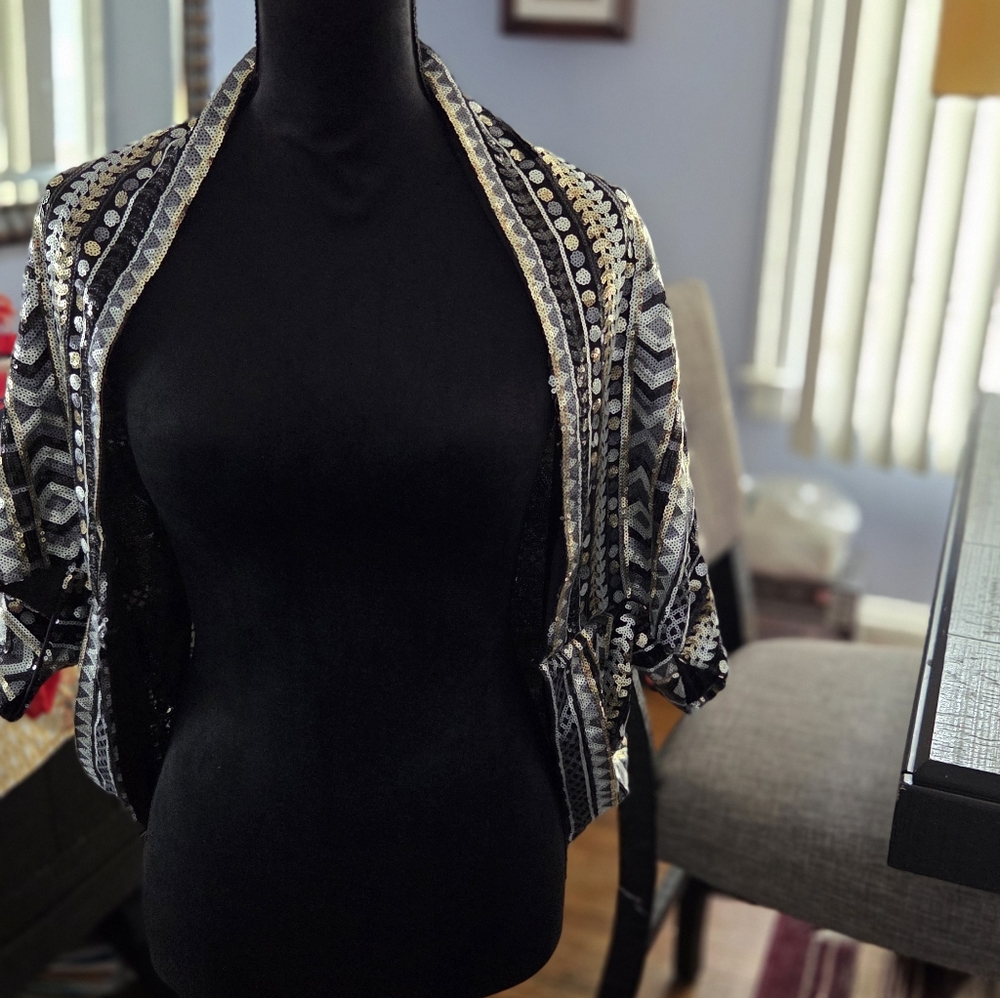 Black Sequin Beaded Cropped Jacket - image 1